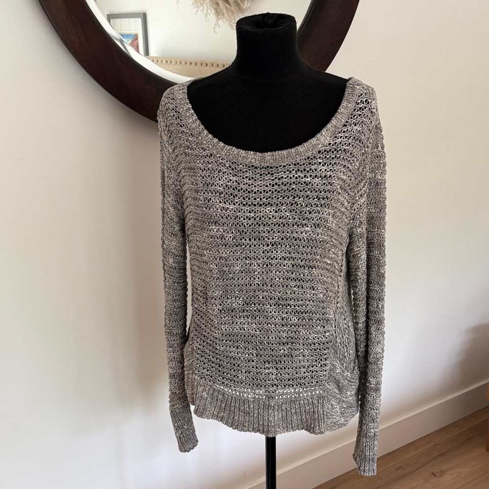Eileen Fisher knit sweater marbled gray scoop neck front pockets M